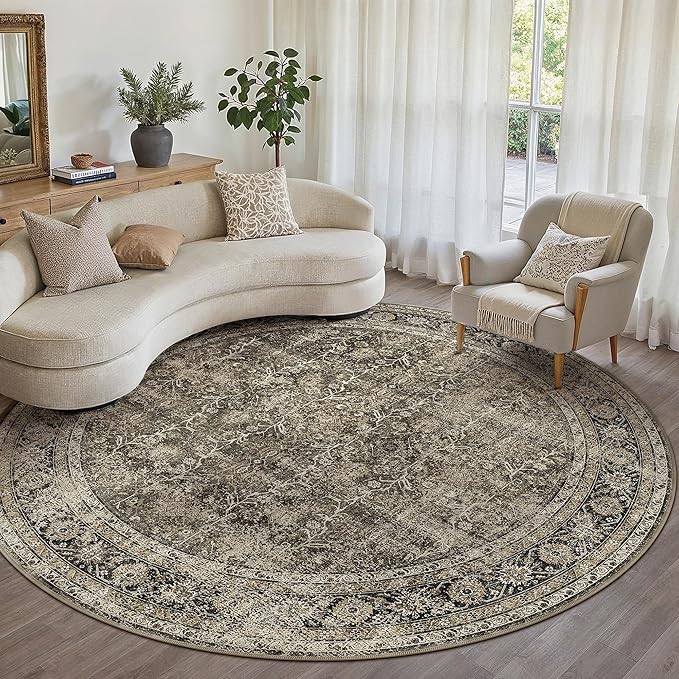 PureCozy Brown Round Area Rug 6ft Washable 6x6 Circle Vintage Low Pile Indoor Large Kitchen Living Room Carpet Non Slip Traditional Distressed Retro Accent Throw Rug Office Dining Room