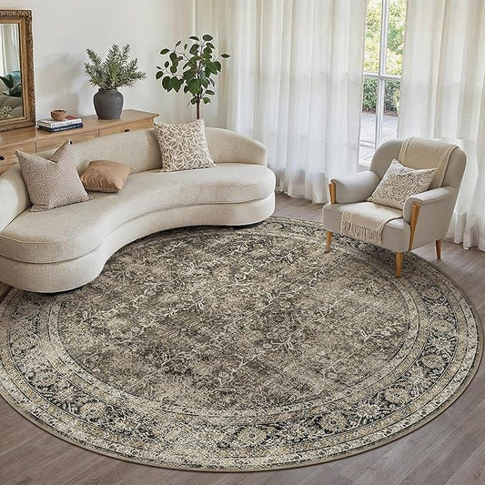 PureCozy Brown Round Area Rug 6ft Washable 6x6 Circle Vintage Low Pile Indoor Large Kitchen Living Room Carpet Non Slip Traditional Distressed Retro Accent Throw Rug Office Dining Room