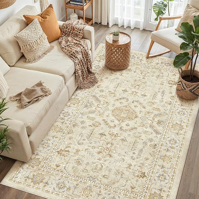 PureCozy 4x6 Beige Entryway Rug Vintage Area Carpet Indoor Office Washable Door Mat Entrance Small Low Pile Traditional Distressed Retro Accent Throw Boho Rug Non Slip Kitchen Bathroom