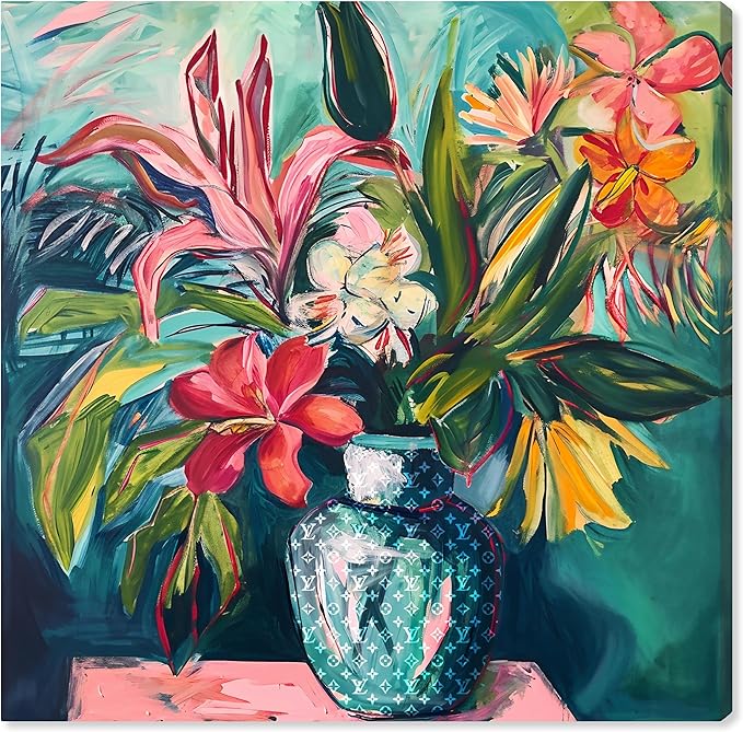 Art Remedy Vase Of Tropical Flowers Gallery Wrapped Flowers In Vase Paintings, 16" x 16", Gallery Wrapped