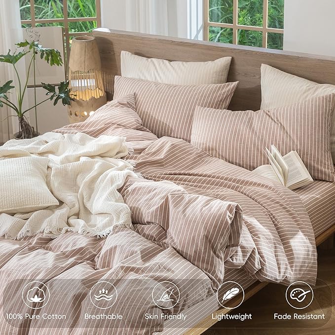 MooMee Striped Duvet Cover Set 100% Washed Cotton Linen Like Textured Breathable Durable Soft Comfy (Orange White Wide Stripes, Queen 90"x90")