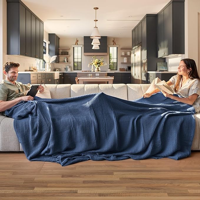 Bedsure Gentlesoft 100% Cotton Blanket Queen Size for Bed - Breathable and Soft for Spring Summer, Thick Cozy Waffle Weave Blanket Gifts for Women, Navy, 90x90 Inches