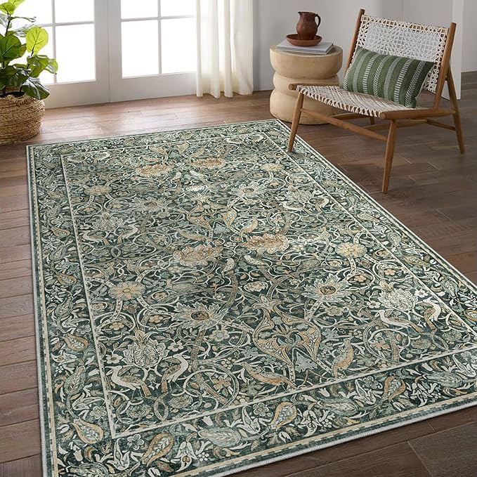 Fortsea 5x7 Indoor Area Rug in Dark Green, Machine Washable Thin Rug Non-Skid Backing, Vintage Style Living Room Bedroom Office Carpet（5x7 Dark Green）