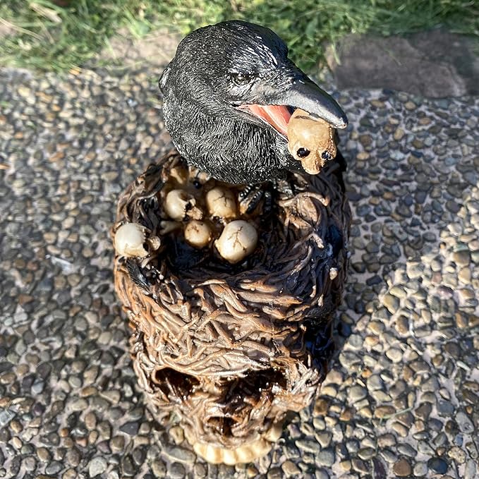 Halloween Decorative Black Crow On Withered Vine Skull Nest Teeming with Mini Skulls Statue Home Décor Gothic Raven Perching On Skeleton Figurine, Collectible Macabre Ossuary Sculpture