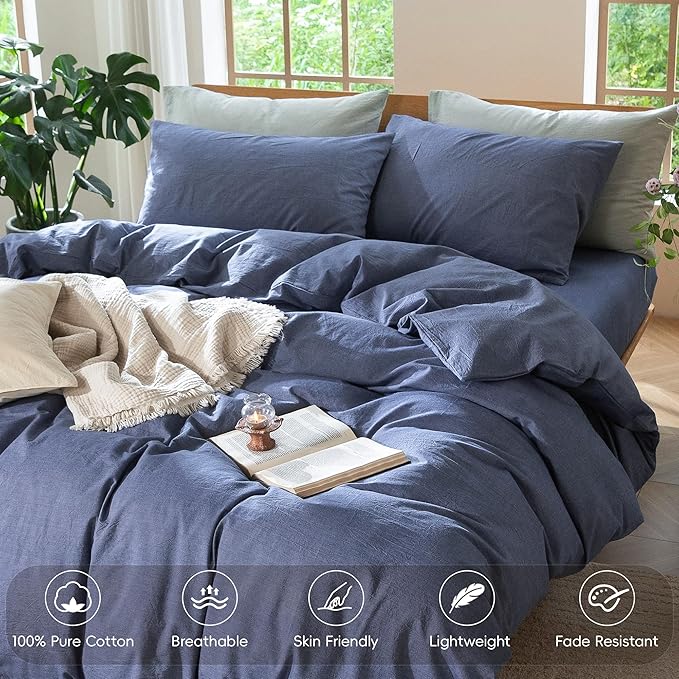 MooMee Bedding Duvet Cover Set 100% Washed Cotton Linen Like Textured Breathable Durable Soft Comfy (Heathered Blue, Twin 68"x90")