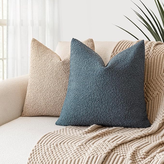 Foindtower Textured Boucle Throw Pillow Covers Accent Solid Pillow Cases Cozy Soft Decorative Couch Cushion Case for Chair Sofa Bedroom Living Room Home Decor, 18 x 18 Inch,Blue