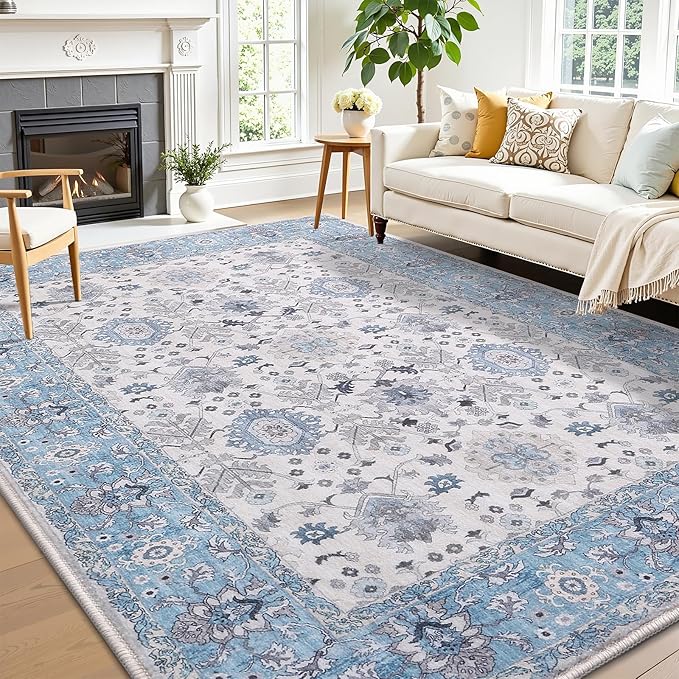 Vanmoos 5x7 Area Rugs for Living Room, Bedroom - Machine Washable, Non-Slip Bedside Rug, Large Soft Floor Carpet for Office, Dining Room, Farmhouse and Home Decor, Cozy Elegance/Blue