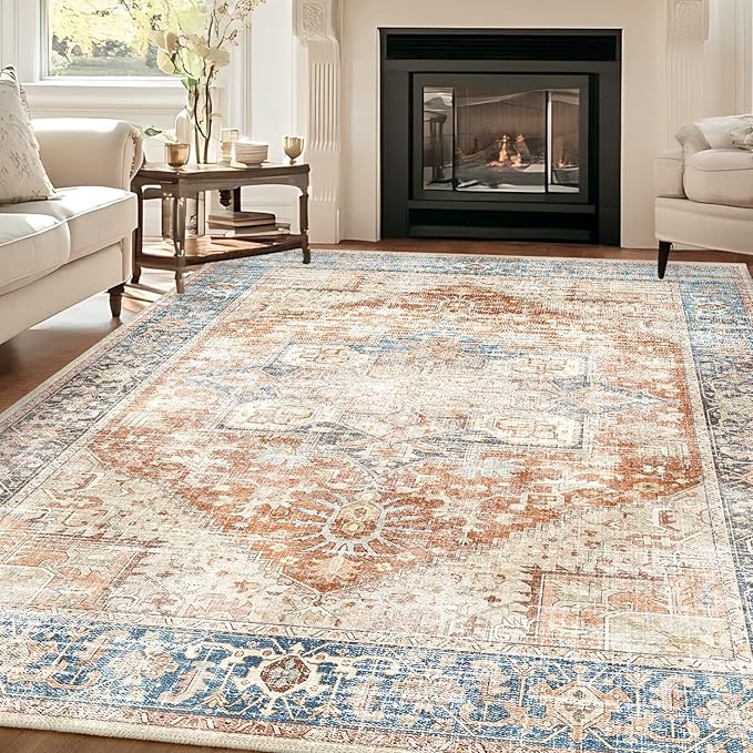 Fortsea Area Rugs 7X9 for Living Room, Machine Washable Non Slip Vintage Retro Rugs, Low Pile Lightweight Faux Wool Print Rug for Bedroom, Dining Room, Home Office (7X9 Terracotta/Sky)
