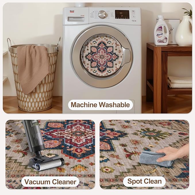 Tangsoo Vintage 4x6 Area Rug, Washable Non Slip Indoor Rugs, Oriental Machine Washable Rug Carpet, Soft Low Pile Foldable Floor Rugs for Dining Room Bedroom Living Room Home Decor Beige/Red