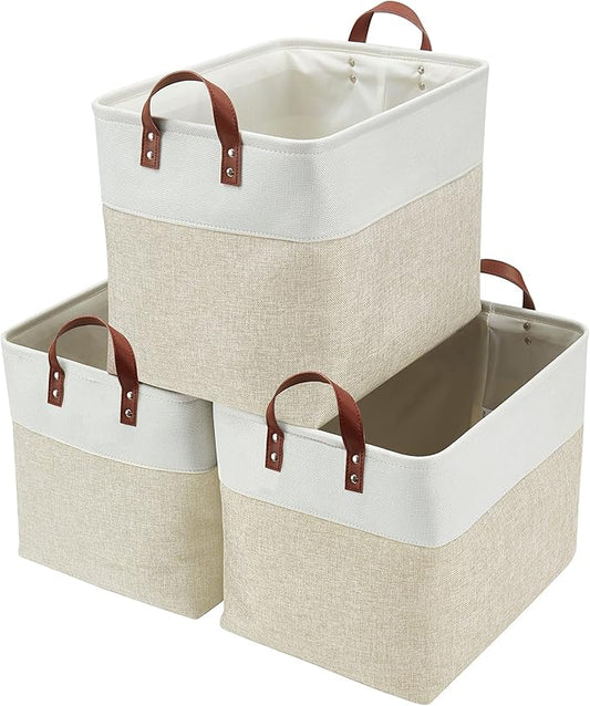 DECOMOMO Large Fabric Storage Baskets - Linen Closet Storage Bins with Handles for Laundry, Clothes, Home, Office (Beige & White, XXL - 3 Pack)