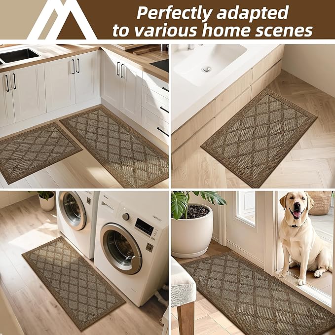 COSY HOMEER Kitchen Mats, 2 PCS Kitchen Rug Non Slip Washable, Absorbent Runner Rugs for Kitchen Floor, 100% Polypropylene Kitchen Sink Rug 24"x36" + 24"x60"(Brown)