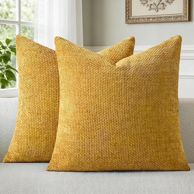 a moment Fall Mustard Yellow Chenille Throw Pillow Covers 18x18 Inch Pack of 2 Modern Decorative Throw Pillow Covers Farmhouse Cross Pillows Home Decor for Sofa Bedroom Living Room