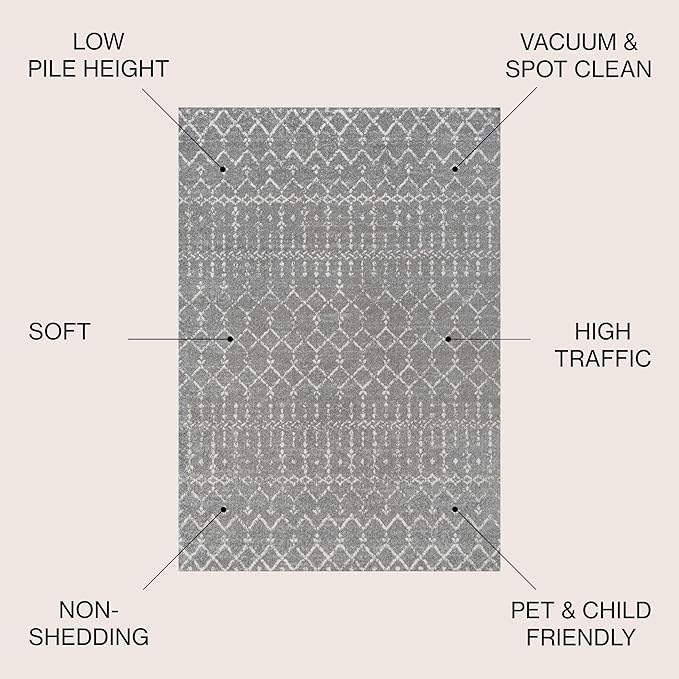 JONATHAN Y Boho Vintage Diamond Gray/Ivory Round Area Rug 9 ft, Moroccan Hype for Living Room, Bedroom, Kitchen, Office, Easy-Cleaning, High Traffic, Pet-Friendly, Non-Shedding (MOH101C-9R)