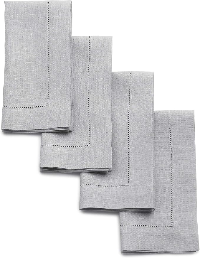 Solino Home Linen Napkins Set of 4 - Classic Hemstitch 100% Pure Linen Soft Grey Dinner Napkins Cloth 20 x 20 Inch for Winter, Spring, Easter - Handcrafted and Machine Washable