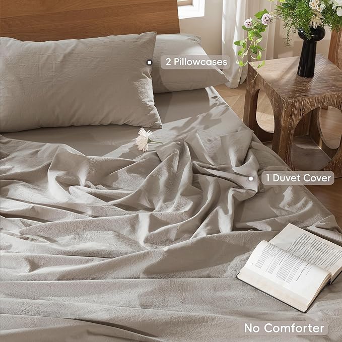 MooMee Bedding Duvet Cover Set 100% Washed Cotton Linen Like Textured Breathable Durable Soft Comfy (Solid Light Tan, Cal King 104"x98")