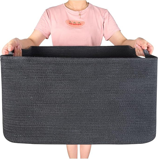 MINTWOOD Design 22in Extra Large Blanket Basket Holder Living Room, Rectangle Rope Woven Storage Basket with Handles for Laundry, Pool Towels, and Shoes, Dog Toy Organizer Bin Box, Charcoal