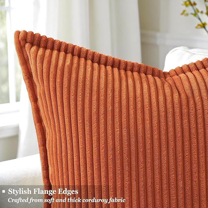 decorUhome Spring Corduroy Rust Throw Pillow Covers 18x18 Set of 2 Decorative Soft Boho Farmhouse Couch Pillow Covers for Living Room Bed Sofa Broadside Striped Pillow Cases