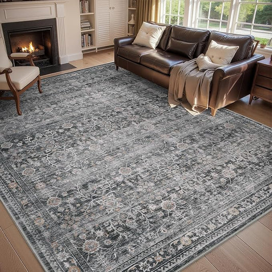 MontVoo-Vintage Area Rug 6X9 Grey Rugs for Living Room-Soft Distressed Printed Rugs for Bedroom-Non Slip Carpet-Machine Washable Rug for Dining Room Living Room Bedside Office
