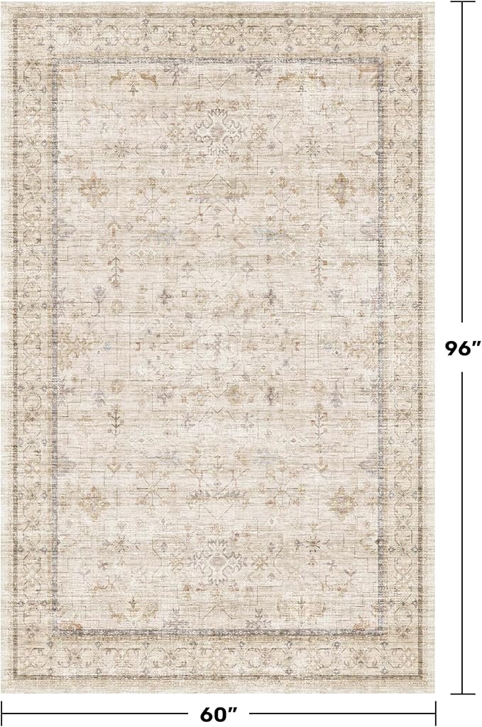 Ivory 5x8 Area Rug for Bedroom, Home Office, Washable Non Slip Dinning Rugs for Under Table, Soft Low Pile Neutral Farmhouse Boho Living Room Décor