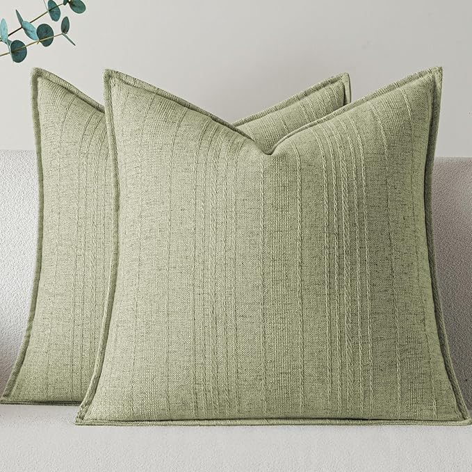 a moment Linen Pillow Covers Set of 2,Boho Farmhouse Throw Pillowcases Neutral Textured Decorative Covers for Couch Sofa,Linen Blend Accent Case Cushion Living Room Home Decor 22"x22"Seeding Green