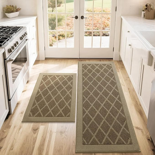 COSY HOMEER Kitchen Mats, 2 PCS Kitchen Rug Non Slip Washable, Absorbent Runner Rugs for Kitchen Floor, 100% Polypropylene Kitchen Sink Rug 24"x36" + 24"x60"(Beige)