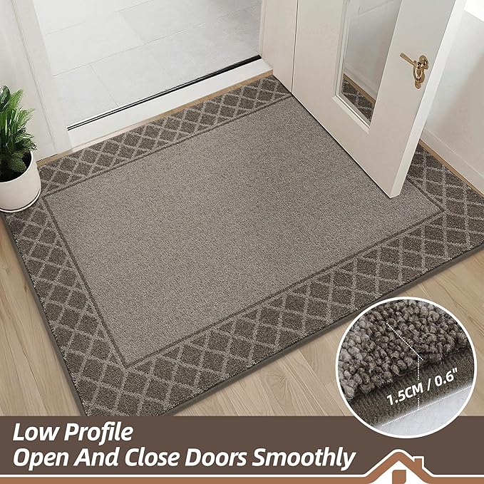 BEQHAUSE Door Mat Dirt Trapper Non Slip Entryway Rugs Absorbent Welcome Mat Low Profile Washable Front Door Mat for Muddy Paws,Entrance,Hallway, 24" x 36", Brown