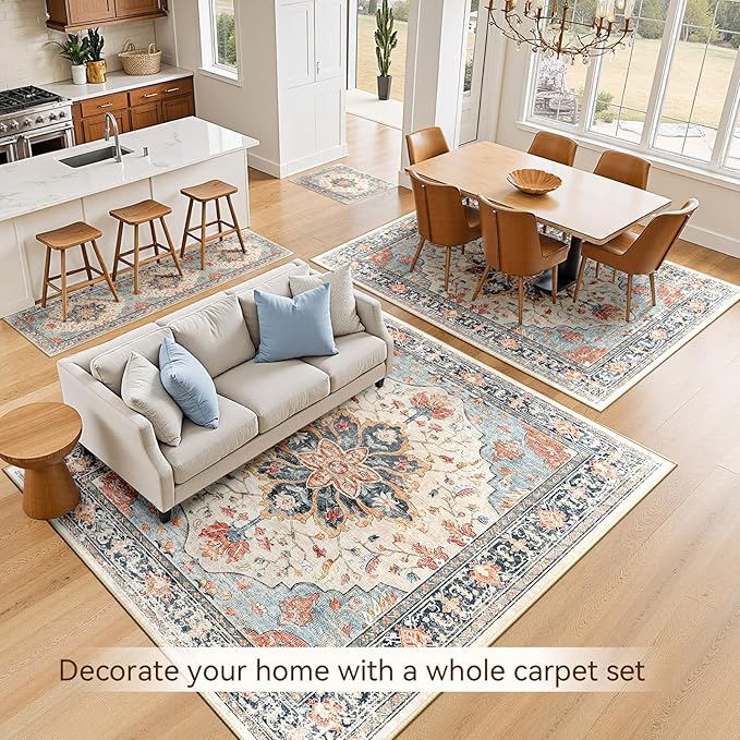 RELEANY Area Rugs 2'x10' Washable Non-Slip, Floral Vintage Distress Print Pattern Medallion Carpet for Living Room Bedroom Dining Room, Beige Navy Blue Orange Colorful