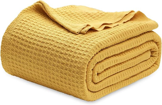 Bedsure Gentlesoft 100% Cotton Blanket King Size for Bed - Breathable and Soft for Spring Summer, Thick Cozy Waffle Weave Blanket Gifts for Women, Mustard Yellow, 104x90 inches
