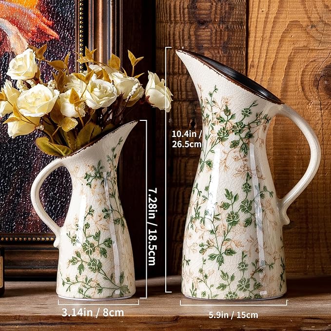 Vintage Ceramic Pitcher Vase with Handle, Farmhouse Green and Beige Large Floral Vases, Chinoiserie Decorative Vase, Rustic Table Centerpiece for Home Decor Living Room, Bookshelf, Office 10.5 Inch