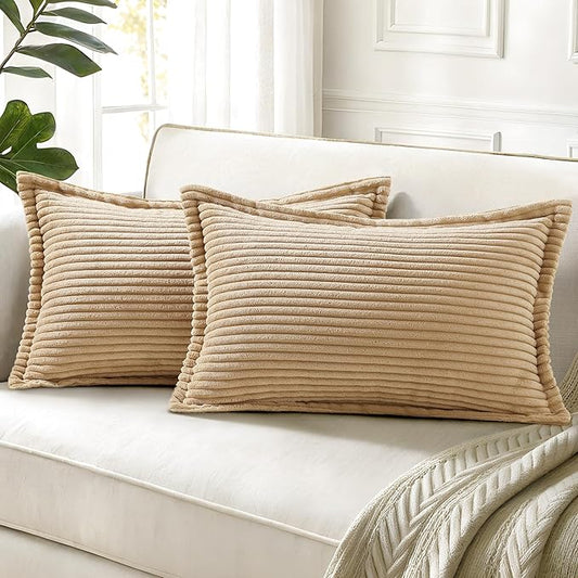 decorUhome Spring Corduroy Light Brown Throw Pillow Covers 12x20 Set of 2 Decorative Soft Boho Farmhouse Lumbar Couch Pillow Covers for Living Room Bed Sofa Broadside Striped Pillow Cases