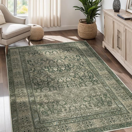 Dotiiorug Vintage Washable Area Rug for Living Room,Low Pile 5x7 Non Slip Carpet Non-Shedding Area Rug Soft Indoor Stain Resistant Rug Floral Print Mat for Bedroom Dining Room Green