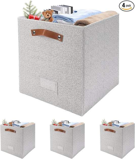 4 Pack Large Fabric Storage Bins for Shelves, Collapsible Storage Baskets with Handles for Organizing Clothes, Toys, and Household Items, Grey & White (Light Gray, 13")
