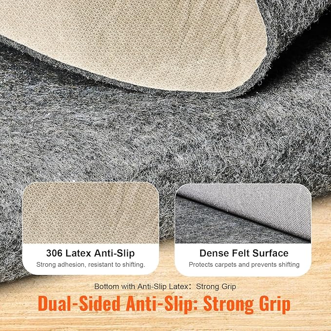 VEVOR 2' x 8' Non-Slip Rug Pad Gripper - 1/4" Thick Polyester Felt & Latex Backing Padding Cushion for Area Carpet Runner Hardwood Floors Living Room - Grey