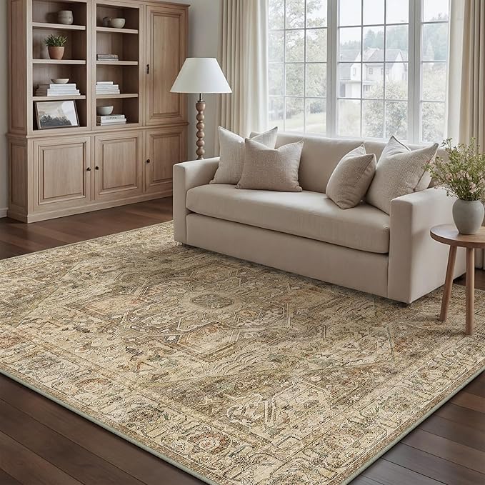 PureCozy Brown Multi Area Rug 6x9 Vintage Washable Distressed Living Room Carpet Large Indoor Non Slip Traditional Medallion Retro Low Pile Accent Throw Rug Bedroom Kitchen Office Dining Room