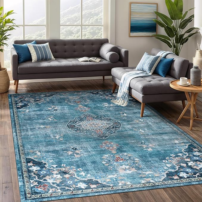 Beverly Rug Non Slip Rugs 4x6 Boho Medallion Floral Non Skid Rubber Backing Easy Silk Soft Area Rug for Living Room Easy to Clean Non Shedding Kitchen Bedroom Indoor Carpet (4 x 6 Teal - Green)