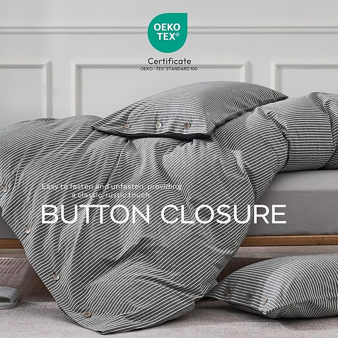 JELLYMONI Cotton Duvet Cover Full Size - Black Vertical Pinstriped Comforter Cover with Button 100% Washed Cotton 3PCS Breathable Soft Solid Bedding Set Duvet Cover 80×90in & 2 Pillowcases