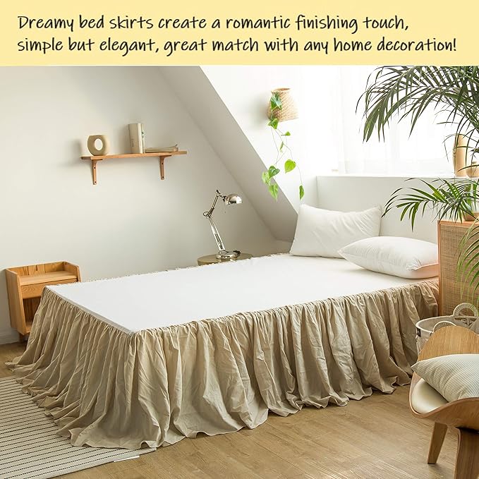 BISELINA French Linen Bed Skirt with Pleated Frills 22-Inch Tailored Drop Natural Flax Cotton Blend Dust Ruffle Soft Cozy Farmhouse Bedding (22" Twin, Linen)