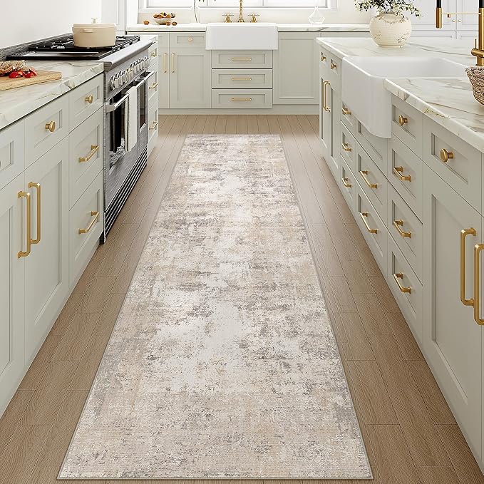 WondRg 3x12 Washable Runner Rug Beige Grey Abstract Hallway Kitchen Throw Rug Neutral Modern Non Slip Soft Low Pile Carpet for Bathroom Laundry Bedroom Living Room