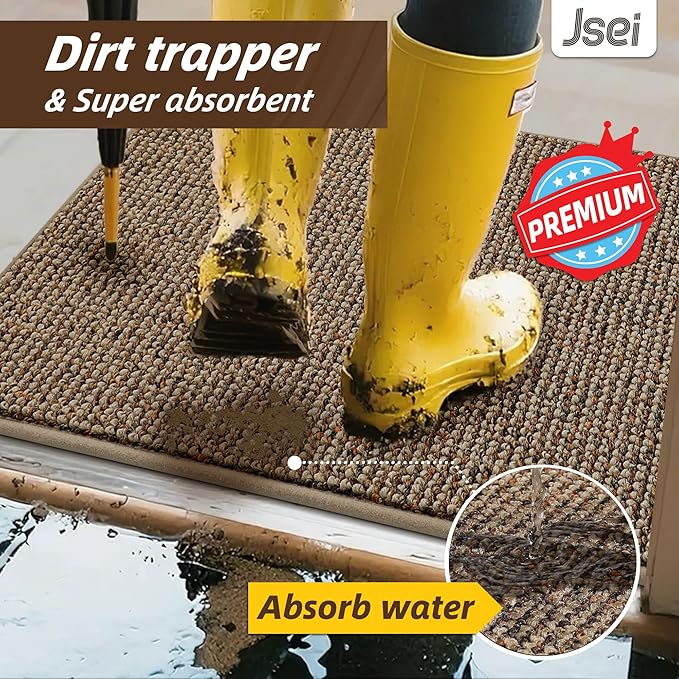JSEI Dirt Trapper Door Mat 20"x32" Non-Slip Washable Entrance Mat, Dog Doormats, Absorbent & Fade-Resistant Floor Mats, Low Profile Welcome Mats for Entryway, Front Door, and Inside Entrance, Taupe