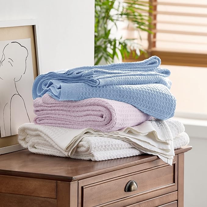 Bedsure Gentlesoft 100% Cotton Blanket King Size for Bed - Breathable and Soft for Spring Summer, Thick Cozy Waffle Weave Blanket Gifts for Women, Sky Blue, 104x90 inches