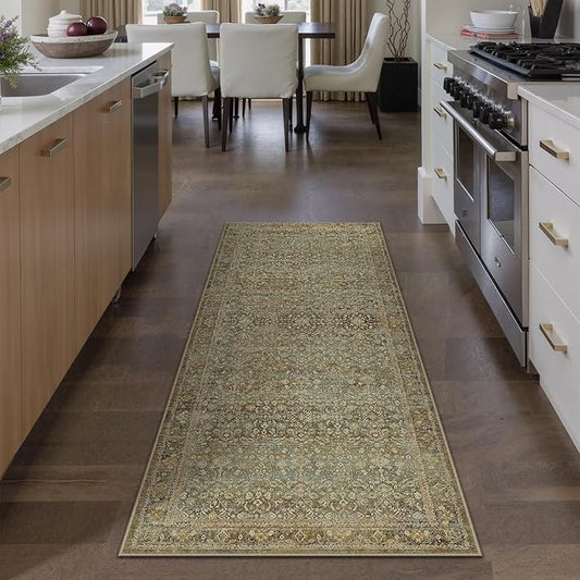 PureCozy Runner Rug 2x8 Brown Hallway Washable Kitchen Vintage Carpet Non Slip Long Indoor Bedroom Retro Traditional Accent Throw Rug for Bathroom Office Entryway Laundry Dining