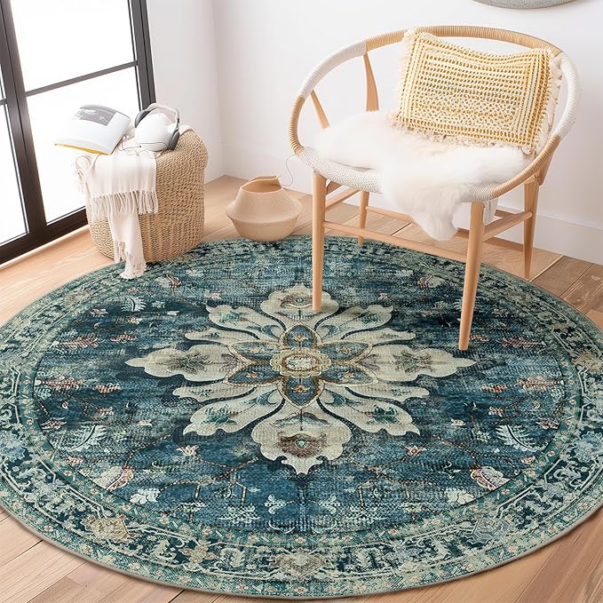 RELEANY Area Rugs 4ft Washable Non-Slip, Floral Vintage Distress Print Pattern Medallion Carpet for Living Room Bedroom Dining Room, Dark Blue Vintage