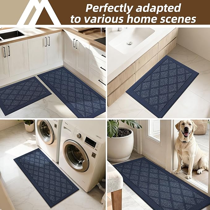 COSY HOMEER Kitchen Mats, 2 PCS Kitchen Rug Non Slip Washable, Absorbent Runner Rugs for Kitchen Floor, 100% Polypropylene Kitchen Sink Rug 20"x32" + 20"x48"(Blue)