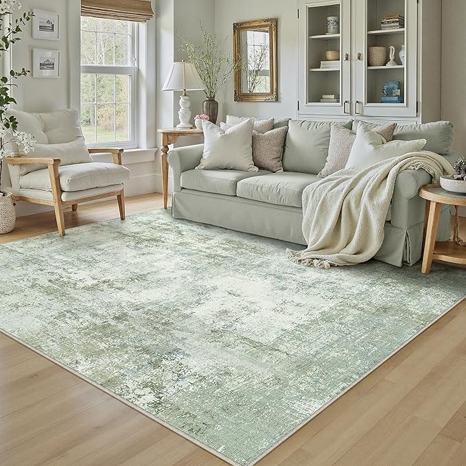WondRg 5x7 Washable Area Rug Sage Green Abstract Living Room Bedroom Carpet Neutral Modern Non-Slip Soft Low Pile Lightweight Vacuumable Throw Rug for Dining Room Entryway