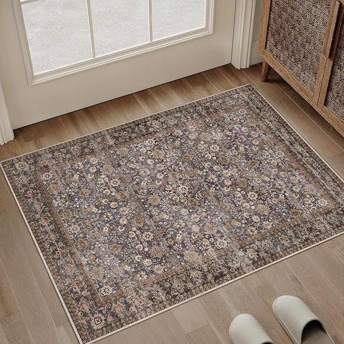 HUGEAR 2x3 Small Rug Machine Washable Area Rug Tradition Brown Entryway Rugs Entrance Door Mat Indoor Accent Rugs Floral Low Pile Carpet Distressed Throw Rug Kitchen Bedroom Office Non Slip