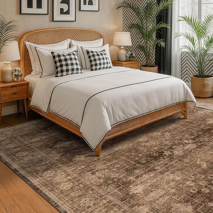 Hazo Haus Boho Brown Living Room Rug 6x8 - Modern Vintage Traditional Oriental Taupe Neutral, Washable Low Pile Non-Slip Extra Large Area Rugs for Dining Under Table Bedroom Lounge