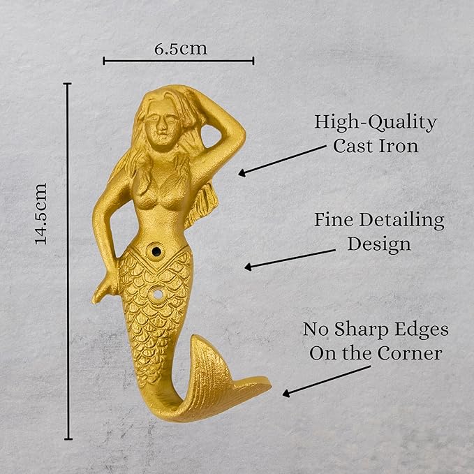 Set of 2 Cast Iron Mermaid Coat Hooks Wall Art Decor-Mermaid Hangers and Key Holder-Clothes Rack and Backpack Hanger-Coat Hooks Home Decor for Storage, Living Room, Hallway, Office (Gold)