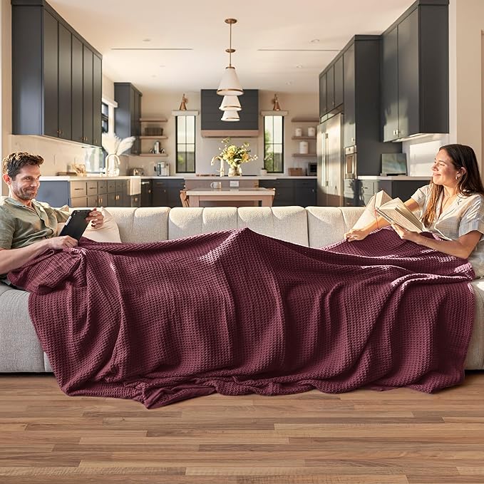 Bedsure Gentlesoft 100% Cotton Blanket Queen Size for Bed - Breathable and Soft for Spring Summer, Thick Cozy Waffle Weave Blanket Gifts for Women, Burgundy, 90x90 Inches