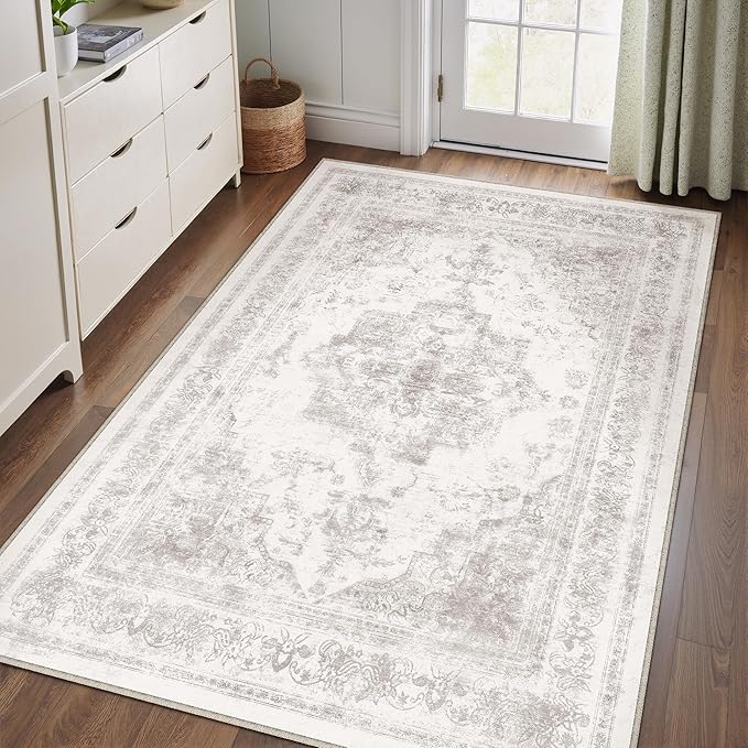 PureCozy Area Rug 5x7 Washable Light Gray Rug Vintage Boho Medallion Large Grey Distressed Retro Carpet for Living Room Non Slip Indoor Low Pile Small Soft Bedroom Dining Room Home Office