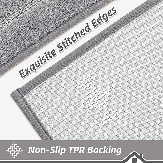 BEQHAUSE Kitchen Rugs Non-Slip Washable [2 PCS], Machine Washable Kitchen Mats Absorbent Soft Kitchen Runner Rugs for Floor,Sink,Hallway,Laundry,20”x32”+20”x48”, Grey